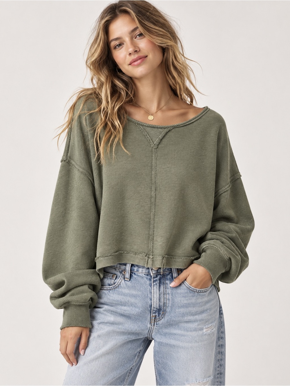 Aerie Green Cropped Oversized Sweatshirt Raw Hem Exposed Seam Boho